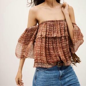 ba&sh Rust Floral Off-Shoulder Ruffle Blouse